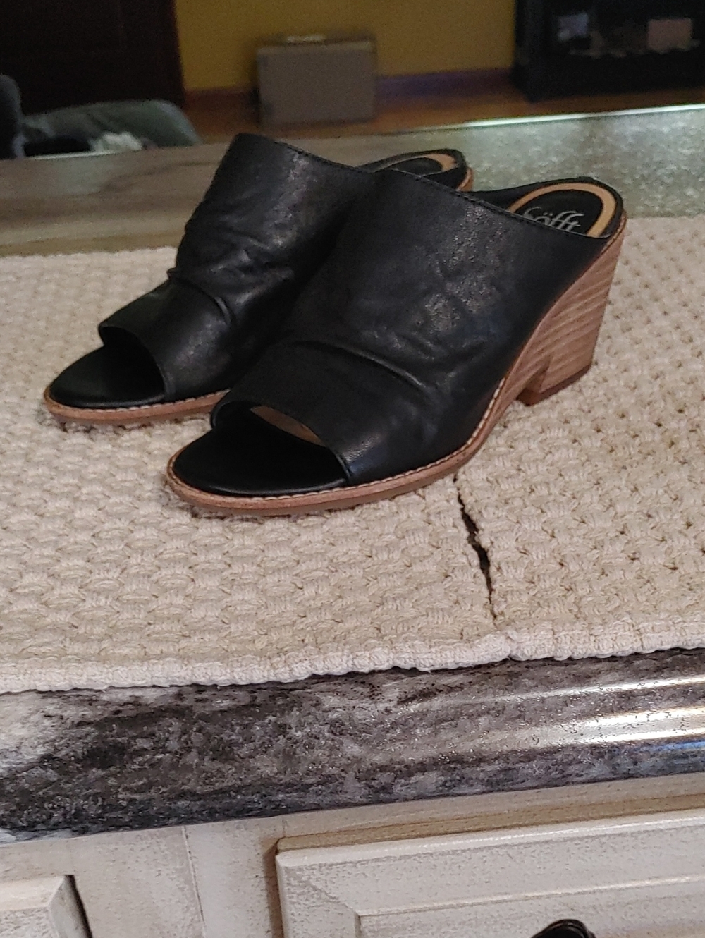 Sofft Black Leather Peep-Toe Mule with Stacked Wood Heel